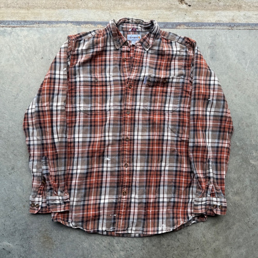 Carhartt Mens Relaxed Fit Flannel Shirt Orange Brown Plaid L Button Workwear